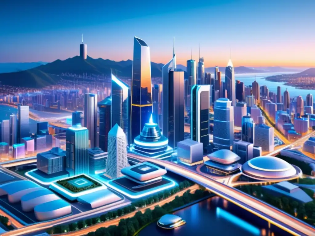Vista futurista de la gestión de propiedad intelectual con inteligencia artificial en una ciudad avanzada y tecnológica