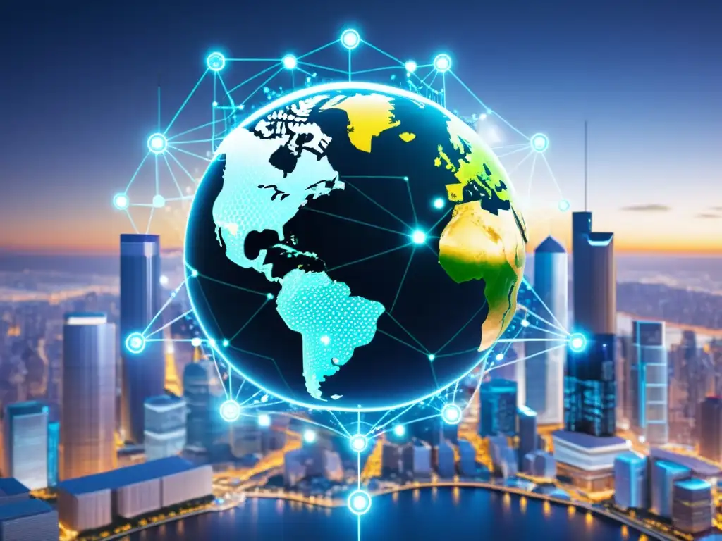 Vista futurista de red global de comercio con nodos interconectados y datos, mostrando la transformación de la propiedad intelectual por la inteligencia artificial