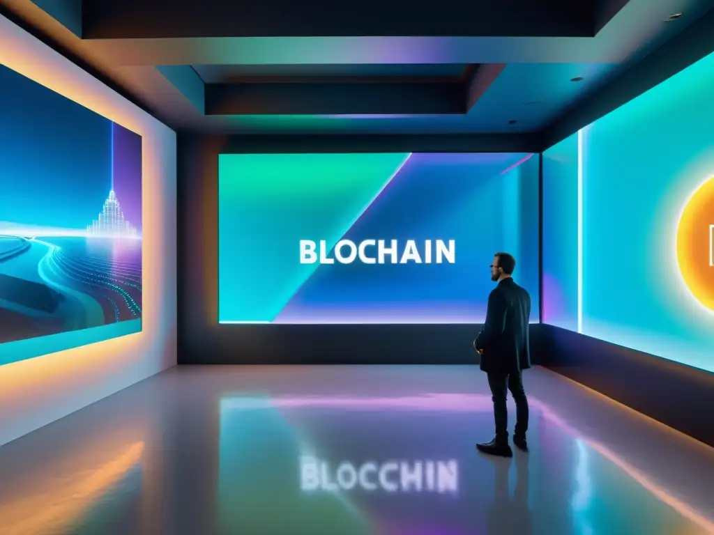 Vista de una galería de arte futurista con exhibiciones digitales de obras de arte verificadas por blockchain, rodeada de arquitectura moderna e interfaces holográficas interactivas