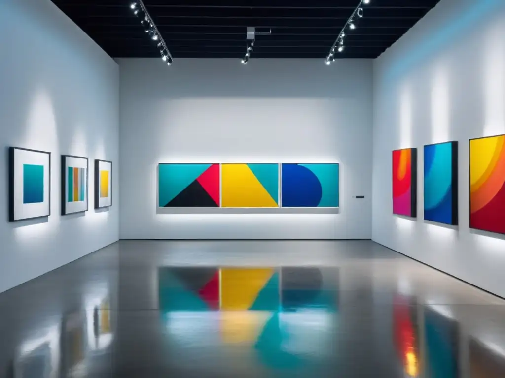 Vista de una galería de arte moderno con obras vibrantes y coloridas