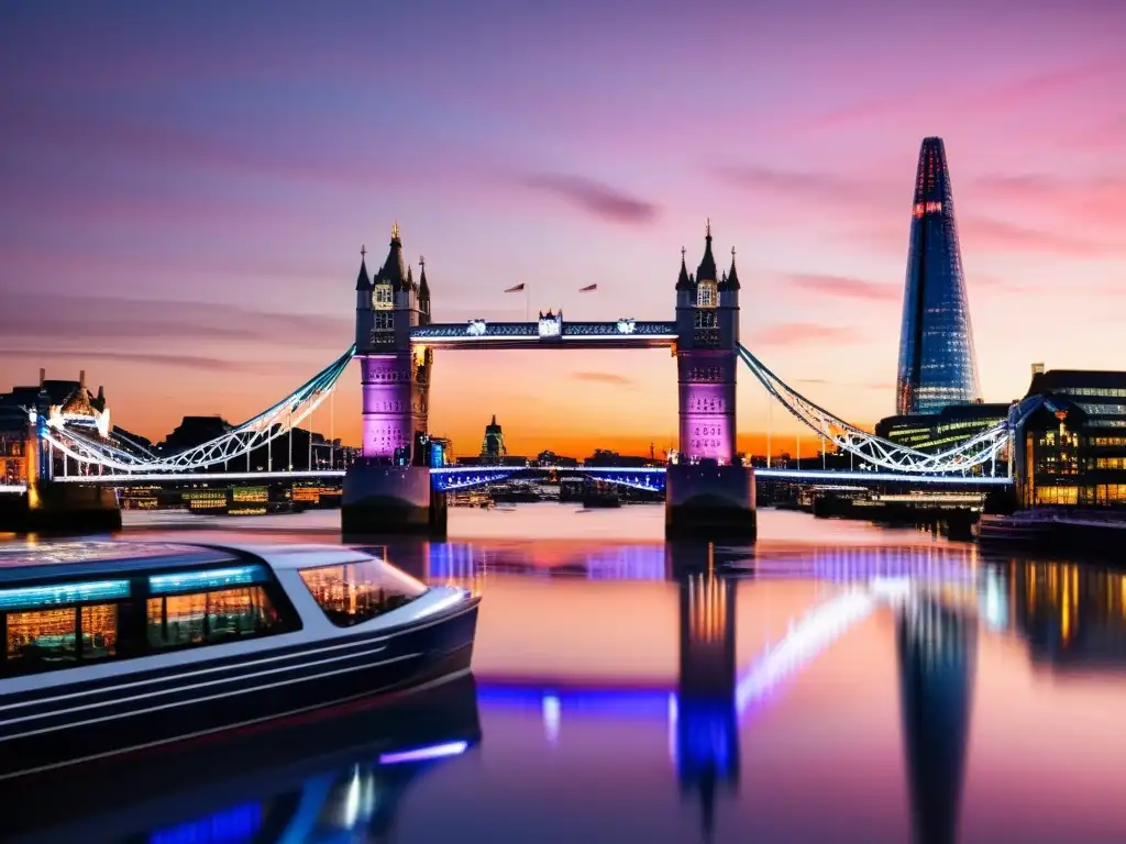 Vista impactante del skyline de Londres al atardecer, con el Brexit y la propiedad intelectual en el horizonte