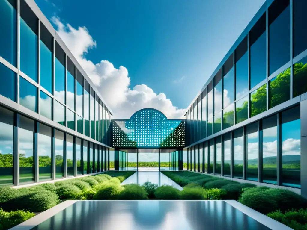 Vista impresionante de un centro de datos en la nube, con arquitectura moderna y naturaleza