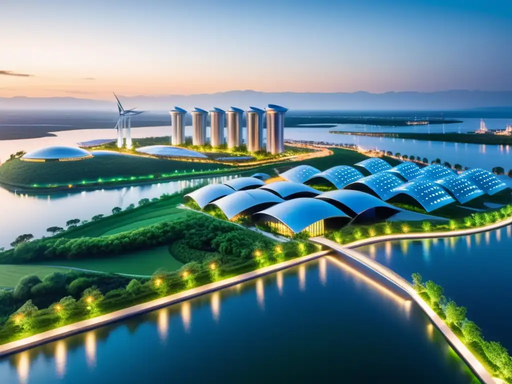 Metrópolis sostenible: ciudad futurista en armonía con la naturaleza Vista impresionante de una ciudad futurista sostenible al anochecer, con edificios energéticamente eficientes iluminados con luces LED verdes y azules