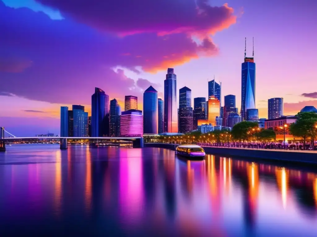 Vista impresionante de la ciudad moderna al anochecer, con rascacielos brillantes y luces reflejándose en el río