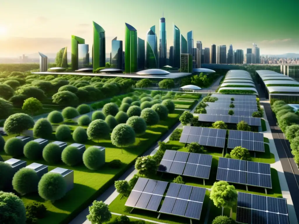 Vista impresionante de una ciudad sostenible con edificios verdes, paneles solares y naturaleza urbana, promoviendo estrategias colaboraciones marca sostenibilidad