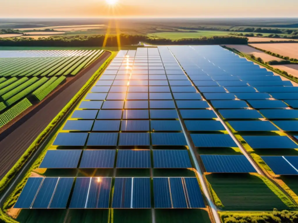 Vista impresionante de una granja solar en perfecta simetría, capturando el sol con paneles relucientes