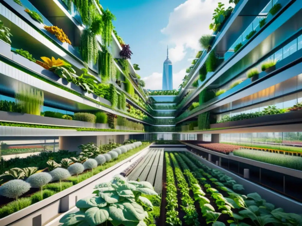 Vista impresionante de una instalación de agricultura urbana futurista con tecnología avanzada y gente trabajando