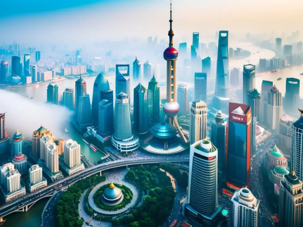 Vista impresionante de Shanghai, China: rascacielos y edificios tradicionales se entrelazan en una atmósfera de luz ambiental