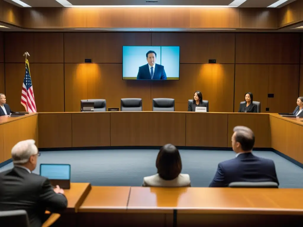 Vista impresionante de un tribunal moderno con abogados presentando evidencia, jurados atentos y un juez presidiendo el juicio