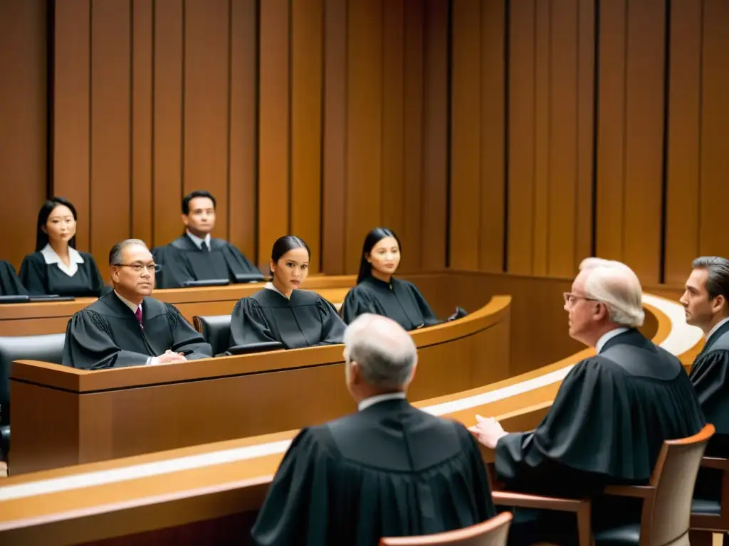 Vista de un juez presidiendo un juicio sobre protección legal para software de streaming en una moderna y luminosa sala de tribunal