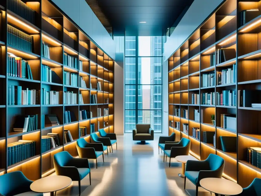 Vista de una moderna biblioteca de derecho con estanterías repletas de libros académicos sobre propiedad intelectual
