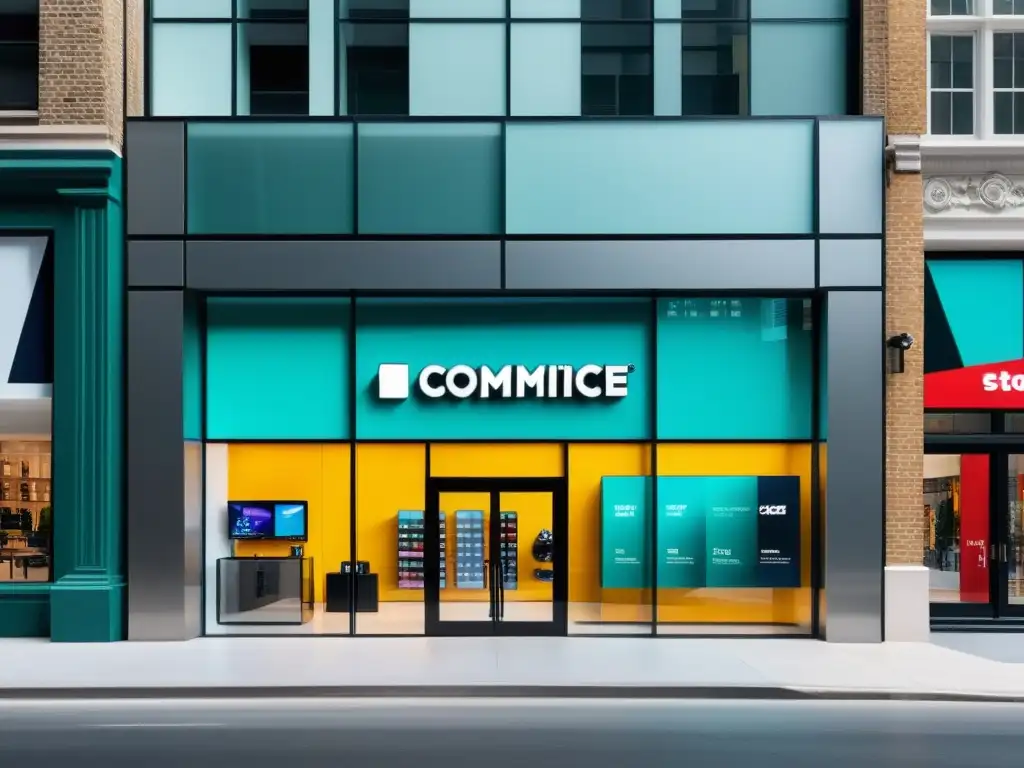 Vista de la moderna fachada de una marca ecommerce, destacando el logo geométrico y productos icónicos