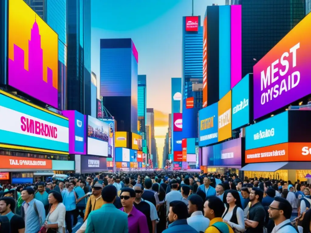 Vista moderna y vibrante de una bulliciosa calle de la ciudad, llena de rascacielos y vistosos anuncios publicitarios