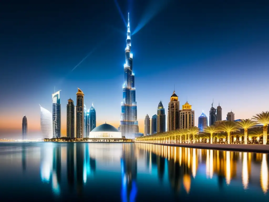 Vista nocturna de Dubai con el Burj Khalifa y otros rascacielos iluminados, reflejados en las aguas tranquilas de la Fuente de Dubai