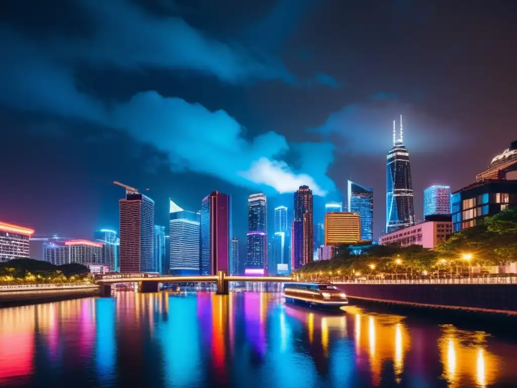 Vista nocturna de una ciudad animada con luces de neón y rascacielos reflejados en el río