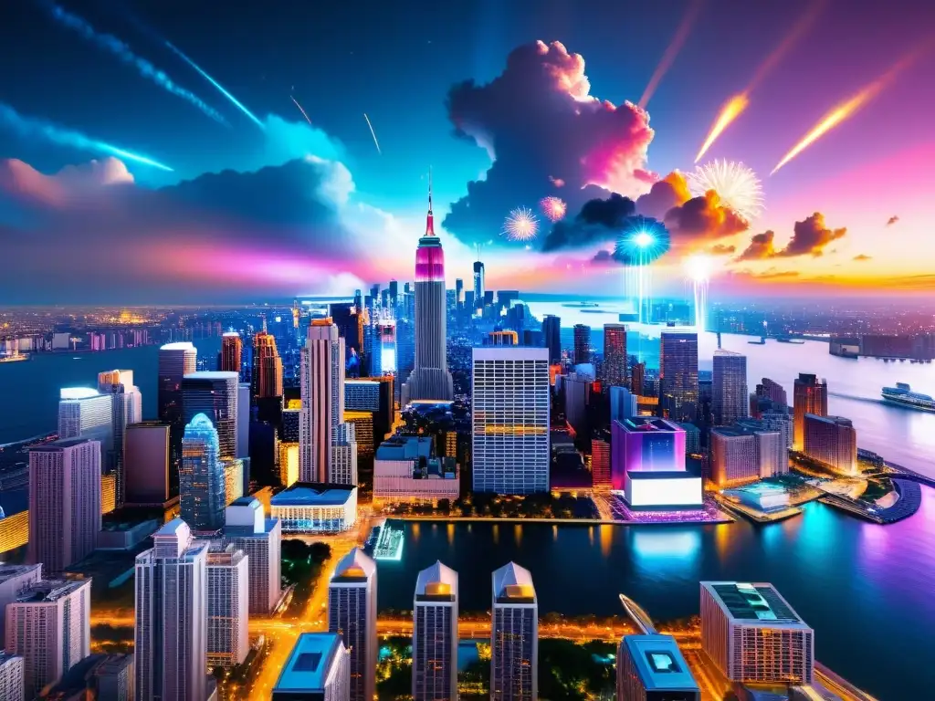 Vista nocturna de la ciudad con efectos especiales y licencias para eventos, mostrando un espectáculo impresionante de luces y sonido