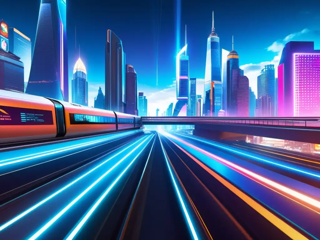 Vista nocturna de una ciudad futurista, con rascacielos iluminados y un tren de alta velocidad