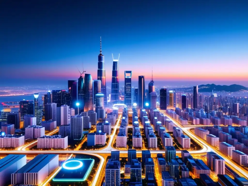 Vista nocturna de la ciudad futurista con rascacielos iluminados y antenas 5G integradas