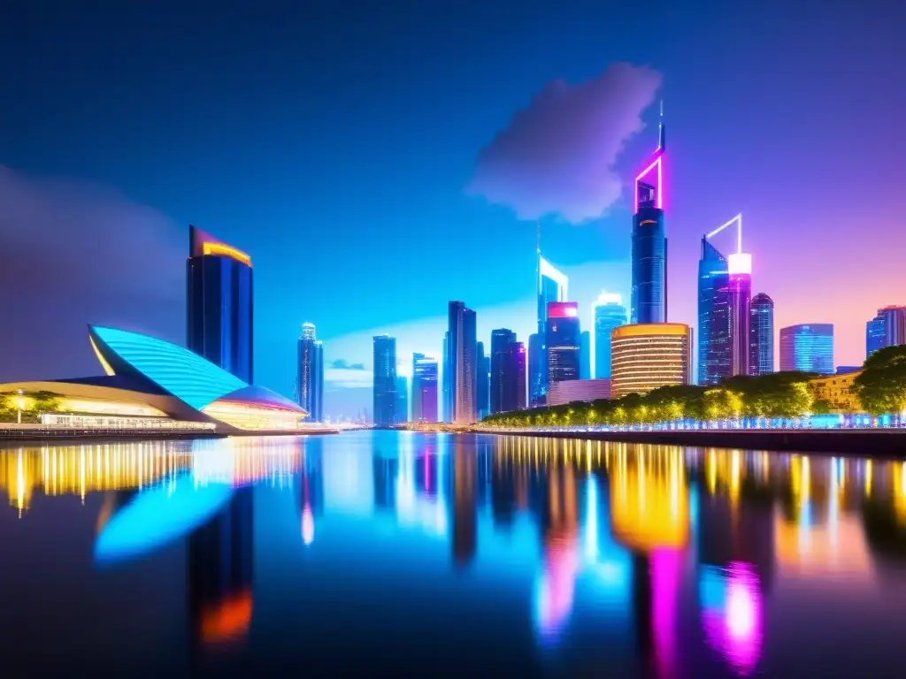 Vista nocturna de una ciudad futurista con rascacielos iluminados por luces de neón, reflejándose en un río tranquilo