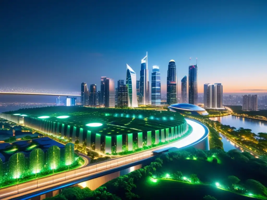 Vista nocturna de una ciudad futurista con rascacielos sostenibles iluminados, rodeados de vegetación y una infraestructura sostenible