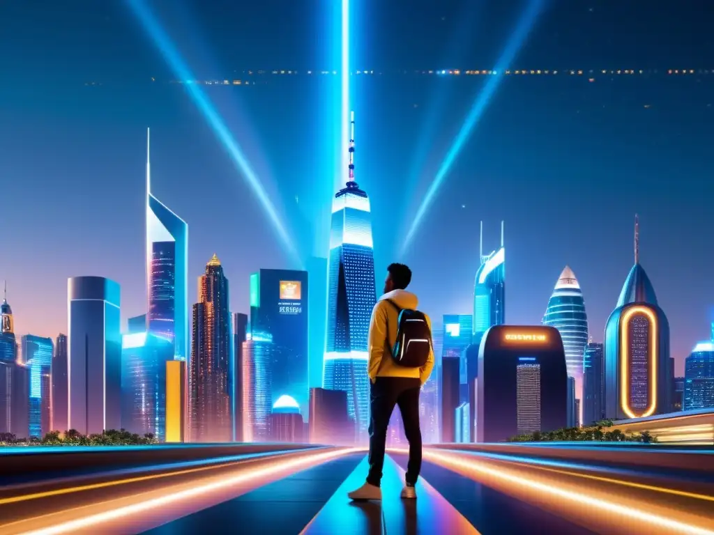 Vista nocturna de ciudad futurista con rascacielos iluminados y anuncios holográficos, reflejando la Ética del Big Data en Propiedad Intelectual
