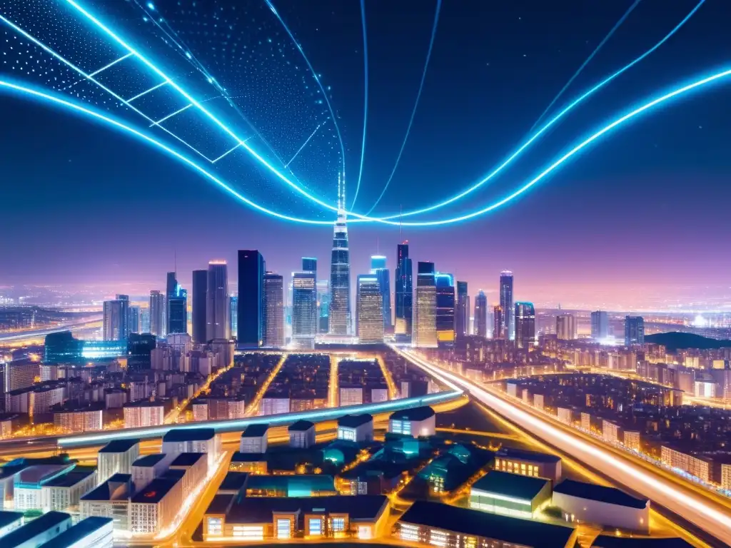 Vista nocturna de una ciudad futurista con edificios modernos iluminados por luces de neón, conectados por corrientes de datos brillantes, simbolizando la integración de propiedad intelectual en Big Data y competencia en un mundo moderno y competitivo