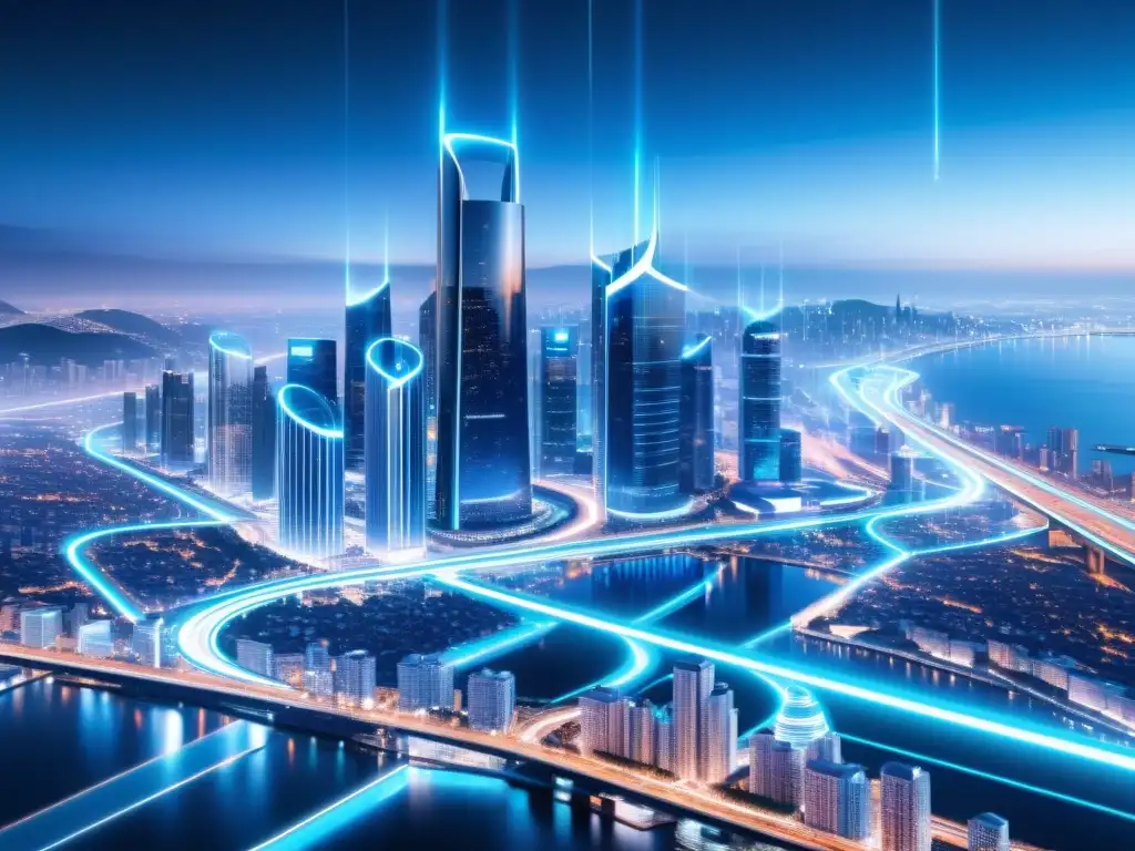 Vista nocturna de una ciudad futurista con torres de red 5G integradas, creando un complejo entramado de conectividad