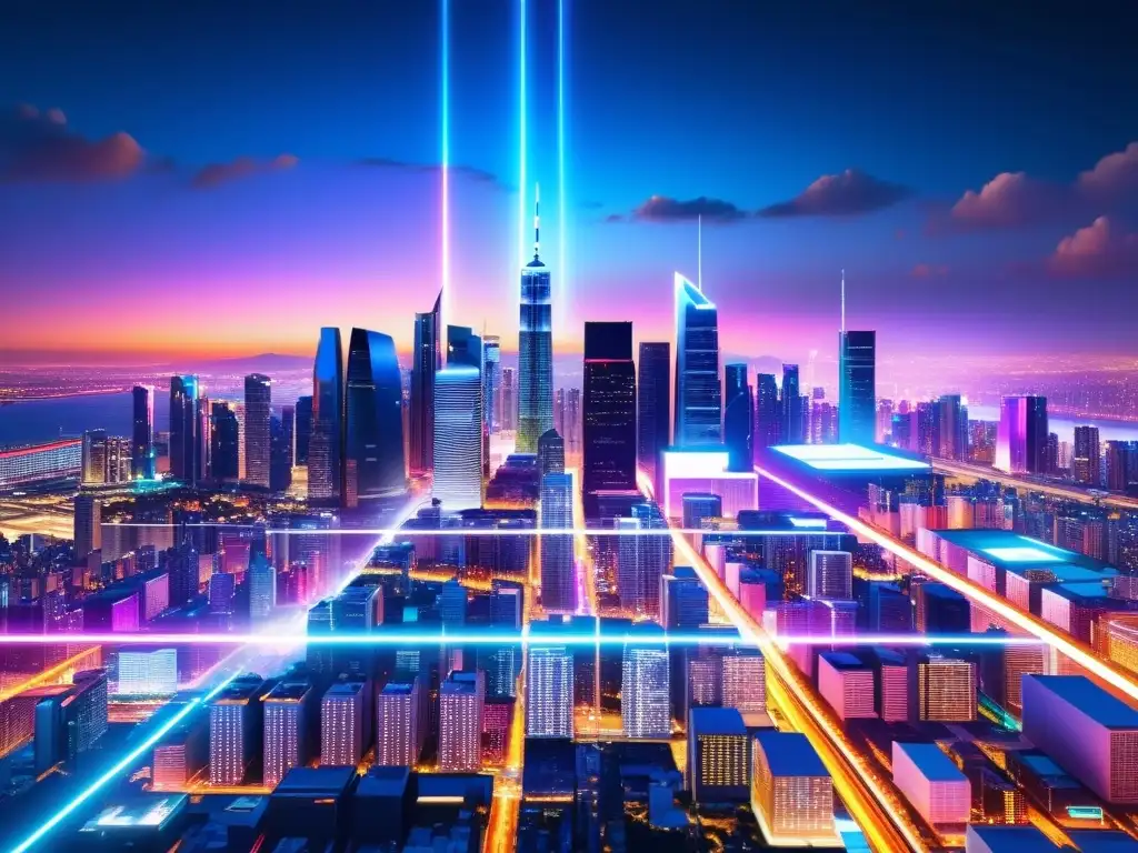 Vista nocturna de una ciudad futurista con rascacielos brillantemente iluminados por luces de neón, reflejando innovación en protección tecnologías big data patentes