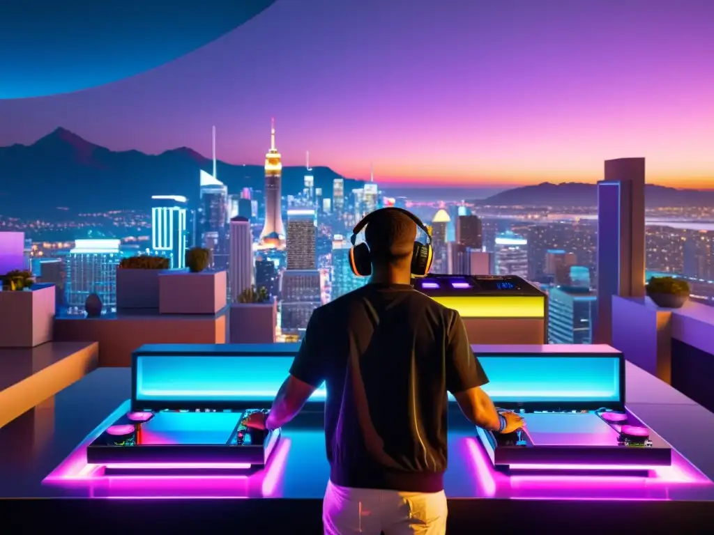 DJ en la ciudad futurista: música y luces neón Vista nocturna de una ciudad futurista con luces de neón reflejándose en edificios de cristal