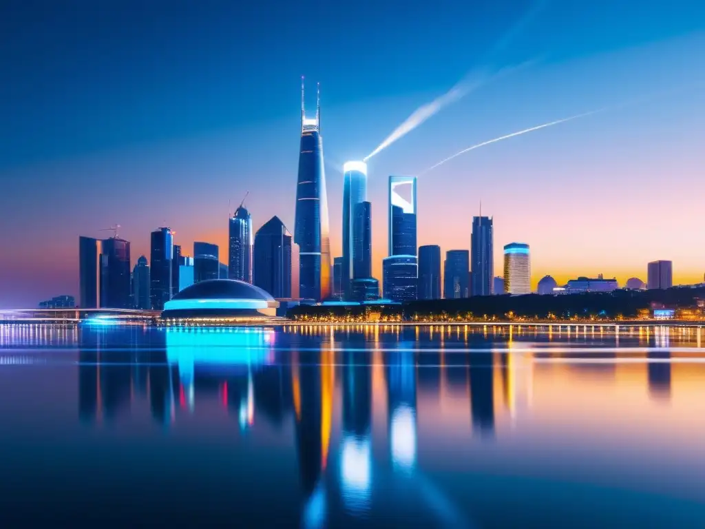 Vista nocturna de una ciudad futurista con edificios iluminados y líneas brillantes, reflejados en el agua