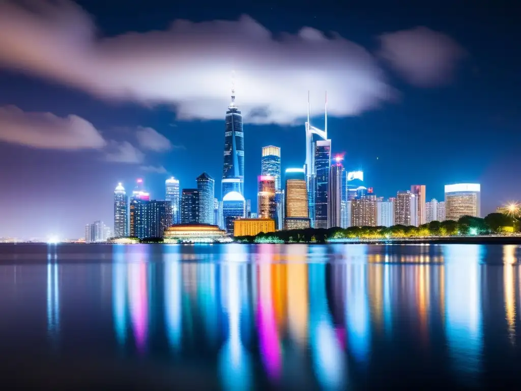 Vista nocturna de una ciudad futurista con rascacielos iluminados reflejados en el agua