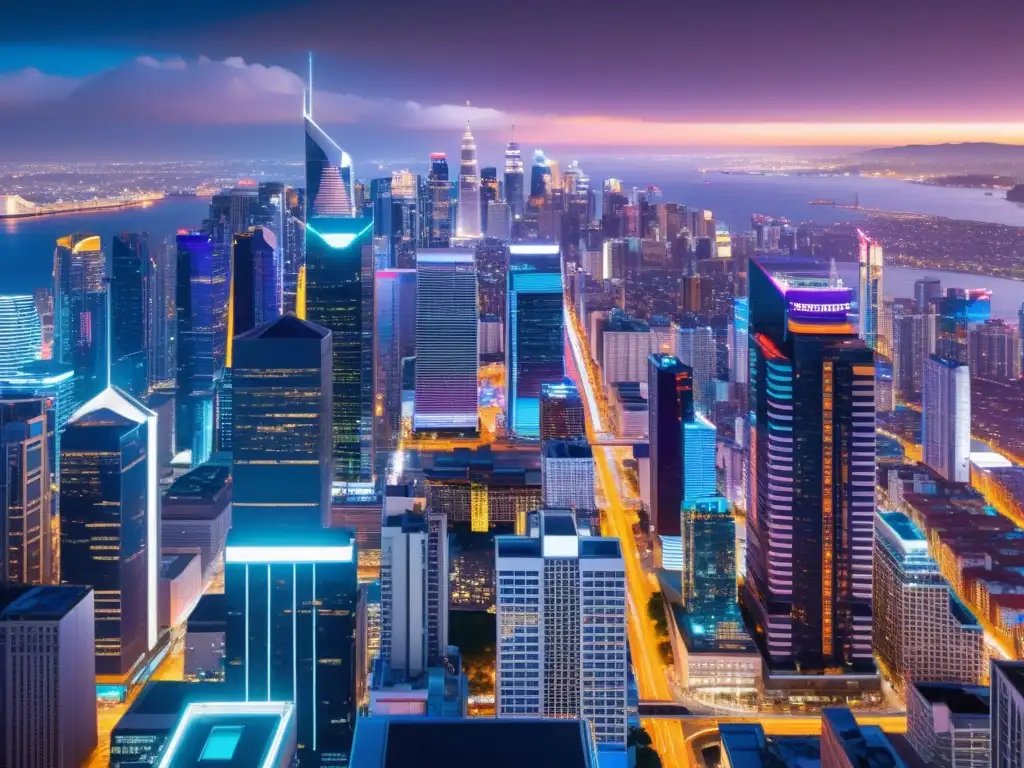 Vista nocturna de una ciudad iluminada por luces de neón, simbolizando la innovación en la industria del software