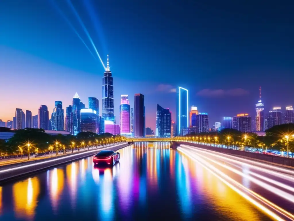 Vibrante metrópolis nocturna con luces de neón y ríos brillantes Vista nocturna de la ciudad con luces de neón, rascacielos y autos modernos
