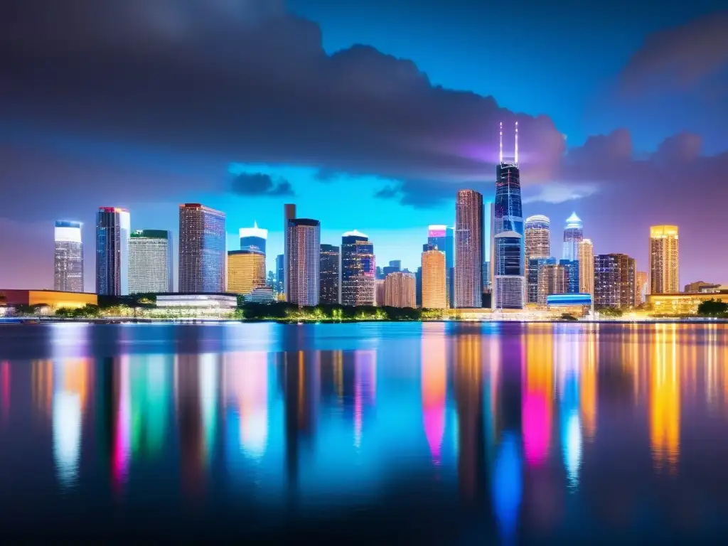 Vista nocturna de una ciudad moderna con luces de neón reflejándose en el agua, mostrando la intersección de la geografía urbana y la tecnología