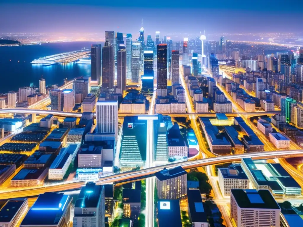 'Vista nocturna de una ciudad moderna con rascacielos iluminados y calles con luces de coches