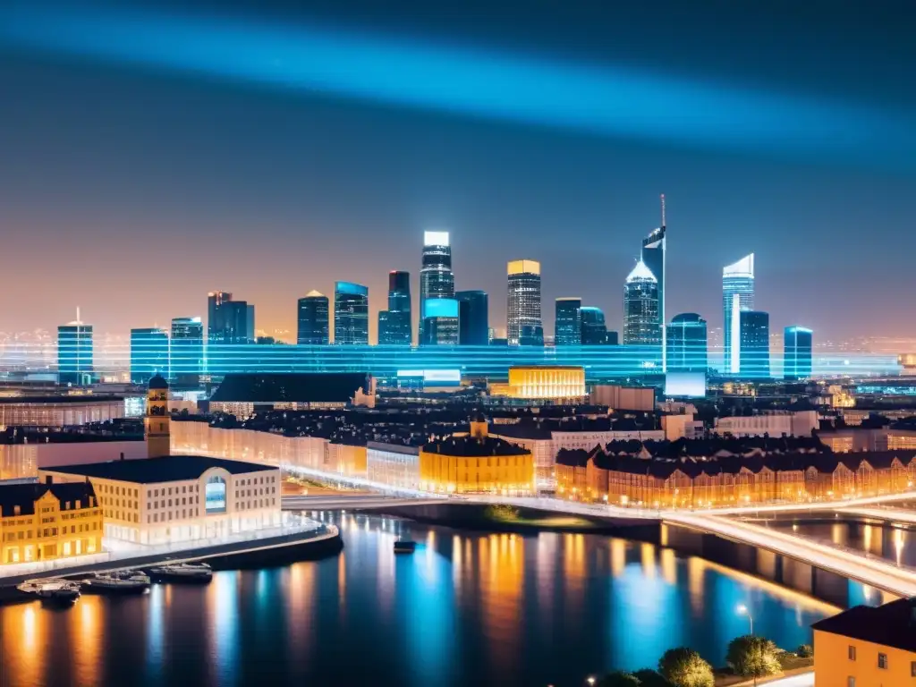 Vista nocturna de ciudad en 8k con tonos cálidos y fríos, reflejos en edificios y vigilancia gubernamental privacidad personal