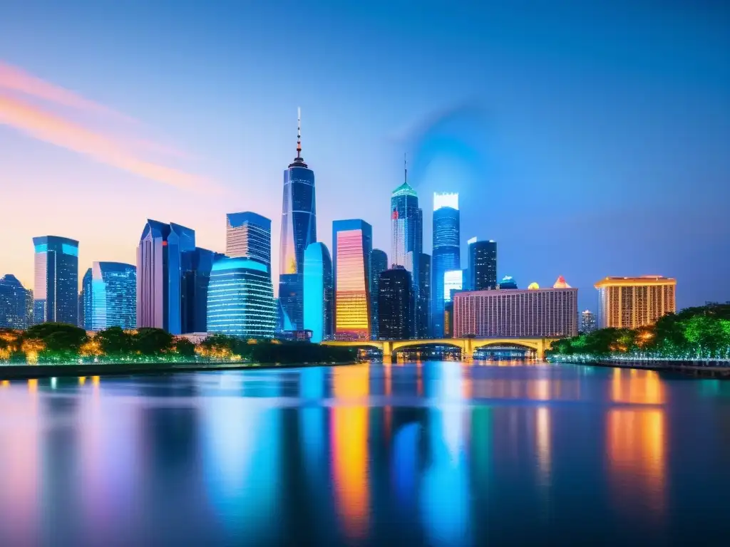 Vista nocturna de una ciudad vibrante con rascacielos iluminados reflejados en el río, evocando innovación y progreso