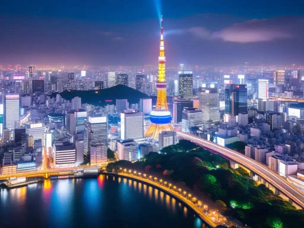 Vista nocturna de Tokio con edificios futuristas y luces de neón, reflejo de la legislación japonesa protección propiedad intelectual