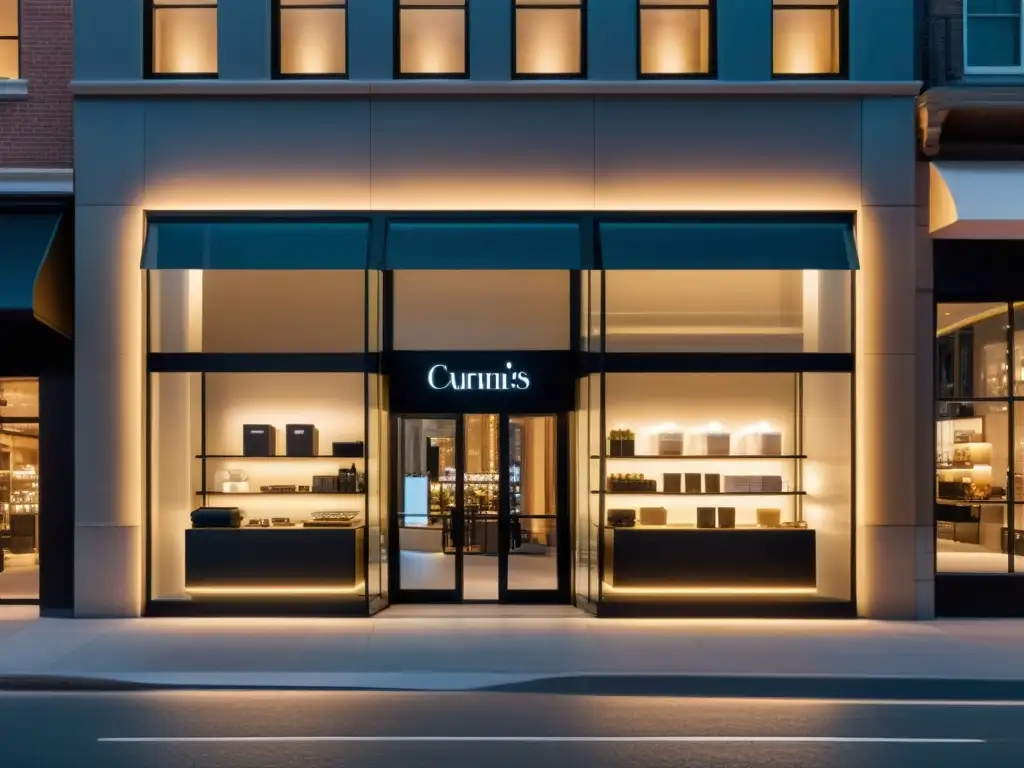 Vista nocturna de una elegante tienda con escaparate minimalista y logo de marca, reflejando la ciudad