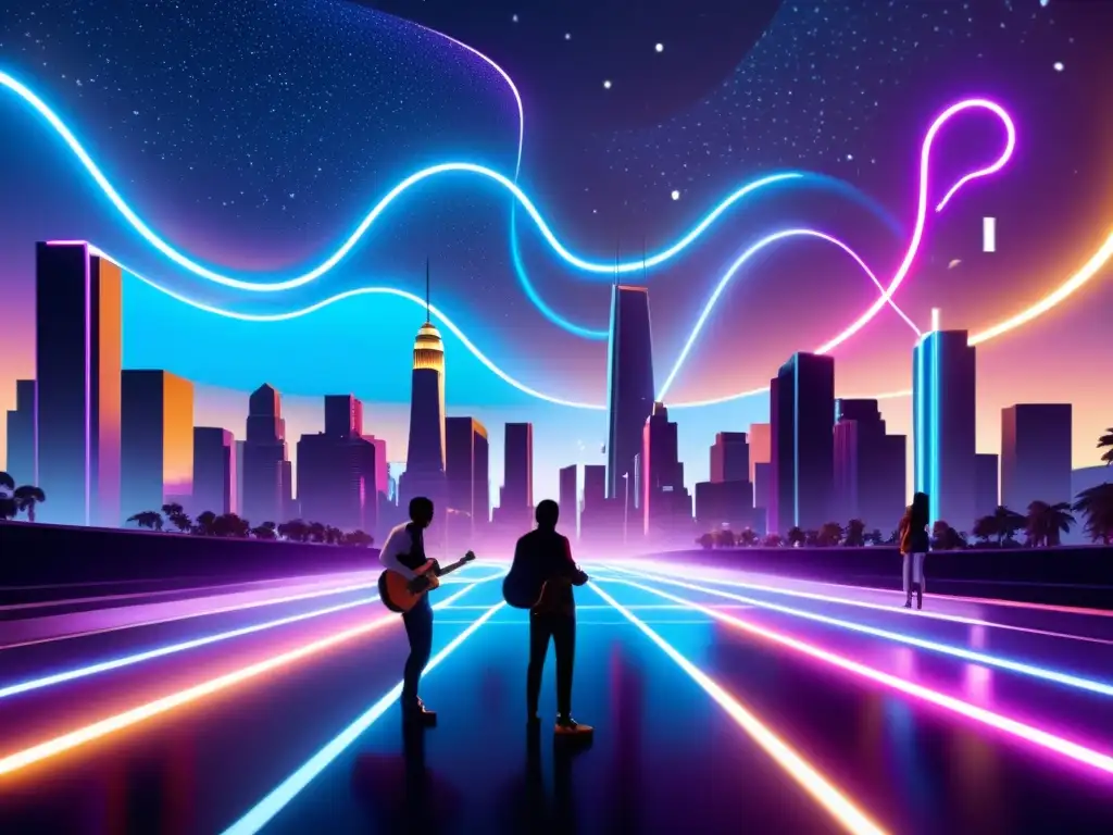 Vista nocturna futurista de la ciudad con músicos y desarrolladores de videojuegos colaborando, destacando la regulación de música en videojuegos