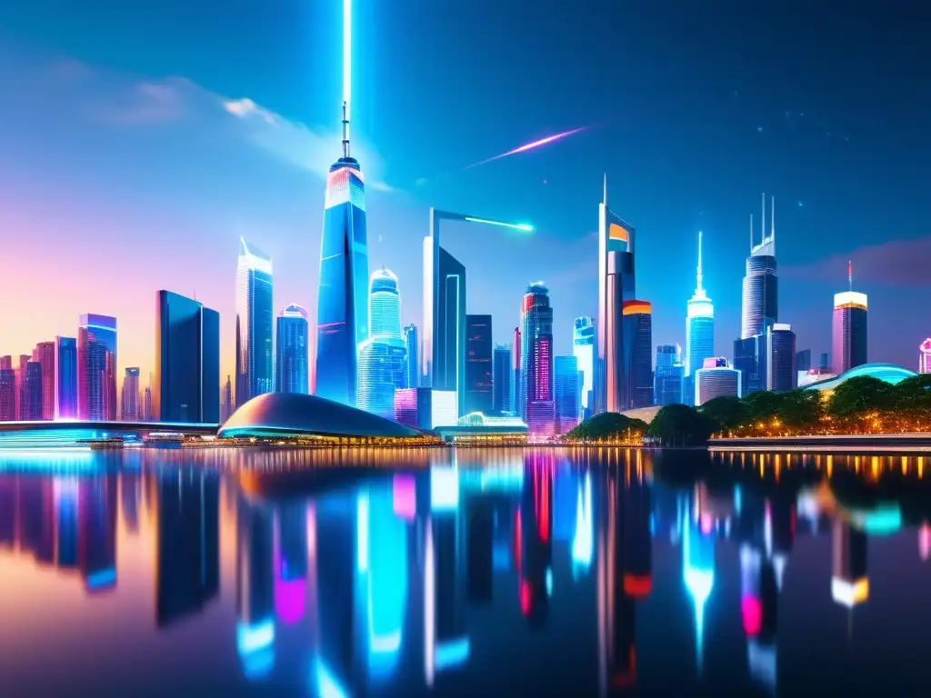 Vista nocturna futurista de la ciudad con hologramas y luces de neón