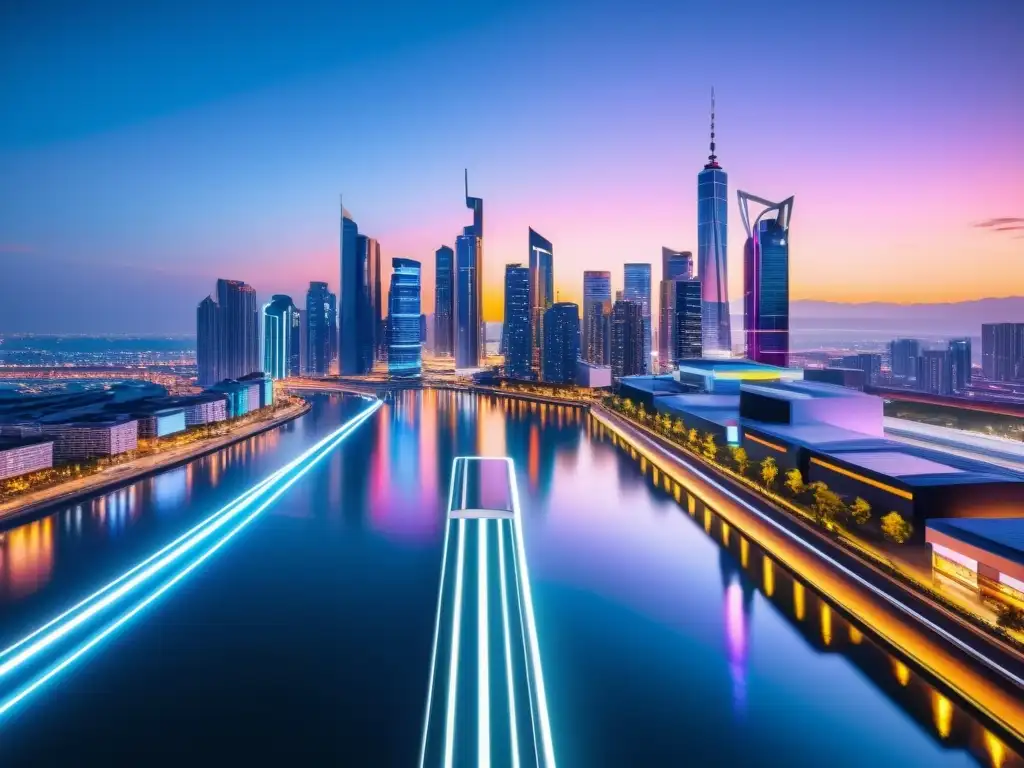 Vista nocturna futurista de la ciudad, con rascacielos, luces de neón y tecnología