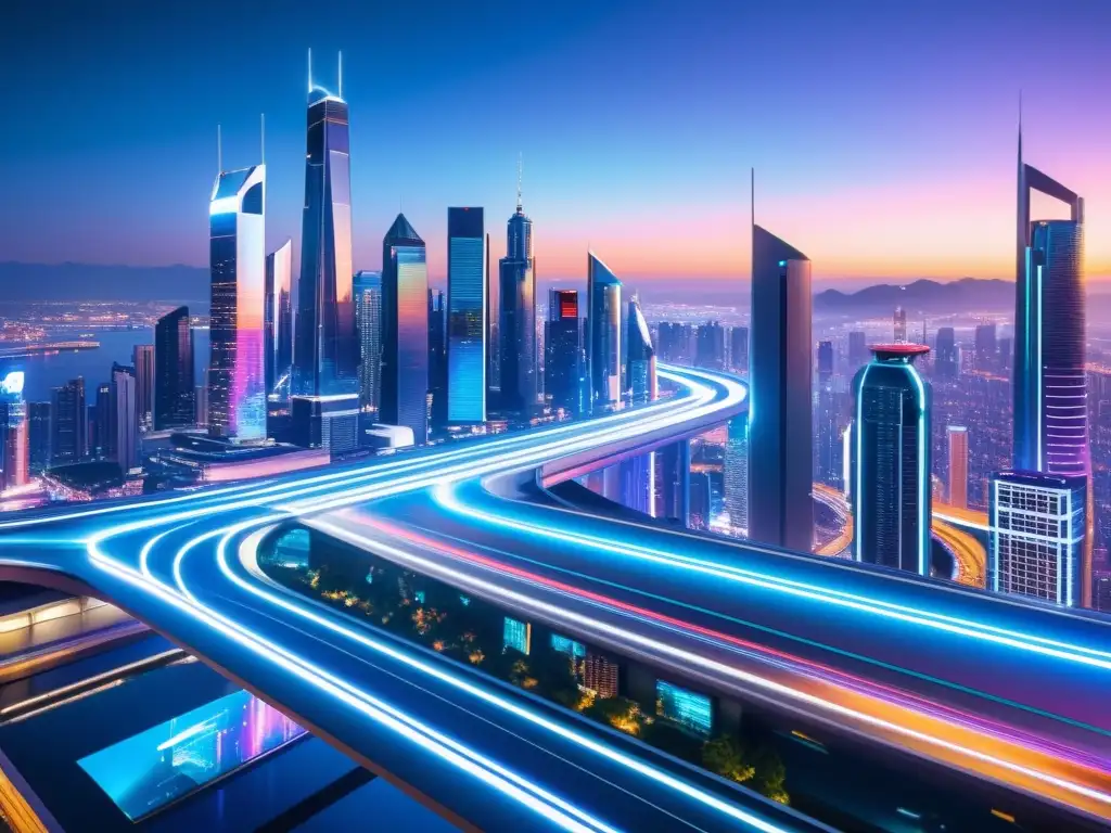 Vista nocturna futurista de la ciudad con rascacielos, luces de neón y tecnología avanzada