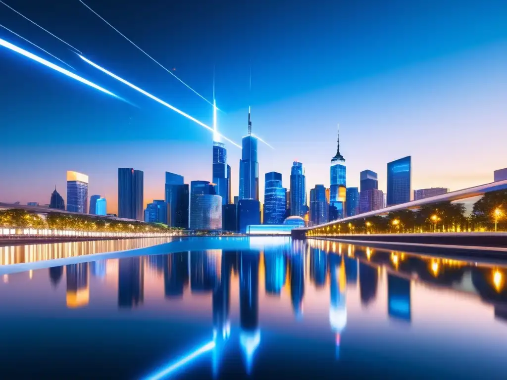 Vista nocturna futurista de una ciudad tecnológica con rascacielos iluminados y arquitectura moderna, reflejándose en un río brillante