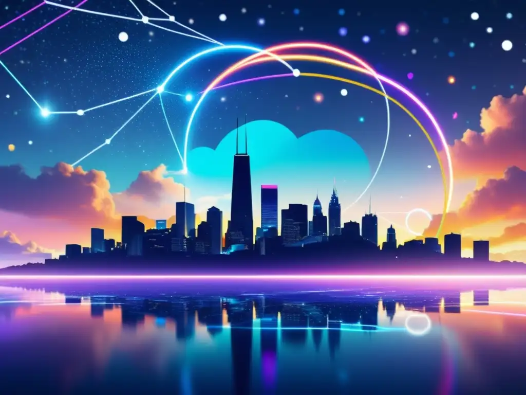 Vista nocturna futurista de una ciudad digital con luces neón, evocando la interconexión en el mundo digital