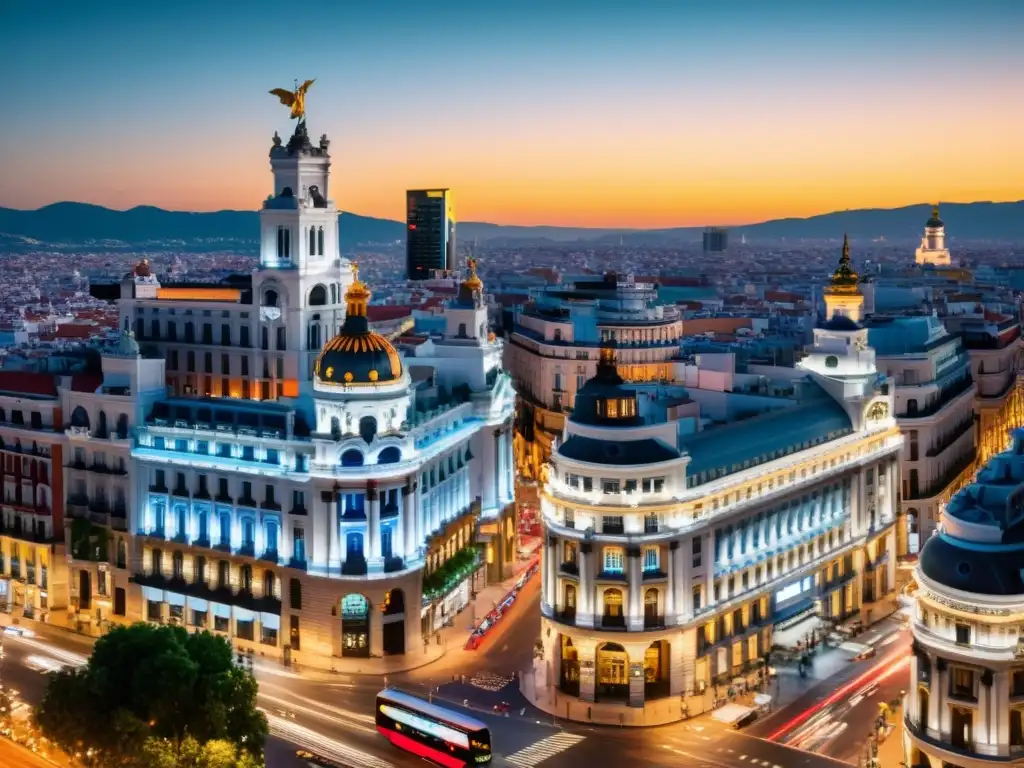 Espléndida vista nocturna de Madrid: Puerta de Alcalá y Gran Vía iluminadas Vista nocturna de Madrid con la Puerta de Alcalá y la Gran Vía iluminadas