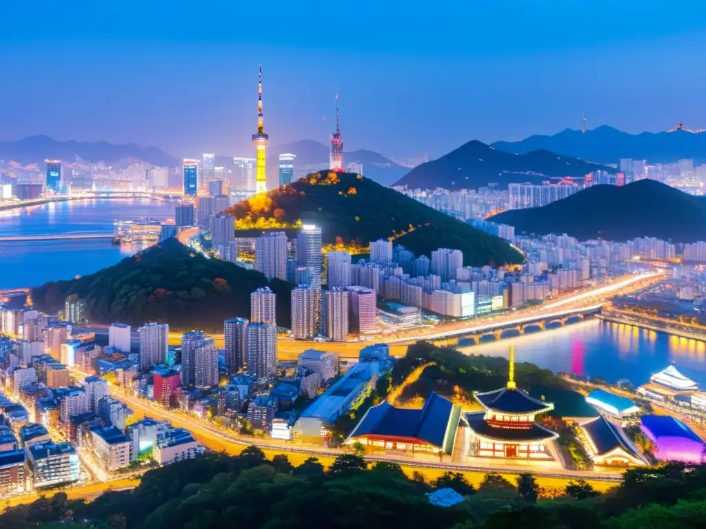 Vista nocturna de Seúl, Corea del Sur, con rascacielos iluminados y bulliciosas calles, mostrando el vibrante desarrollo económico del país