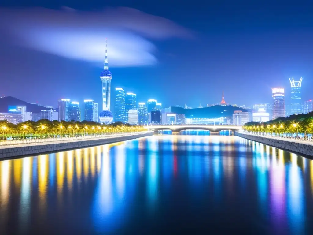 Vista nocturna de Seúl, Corea del Sur, reflejada en el río Han