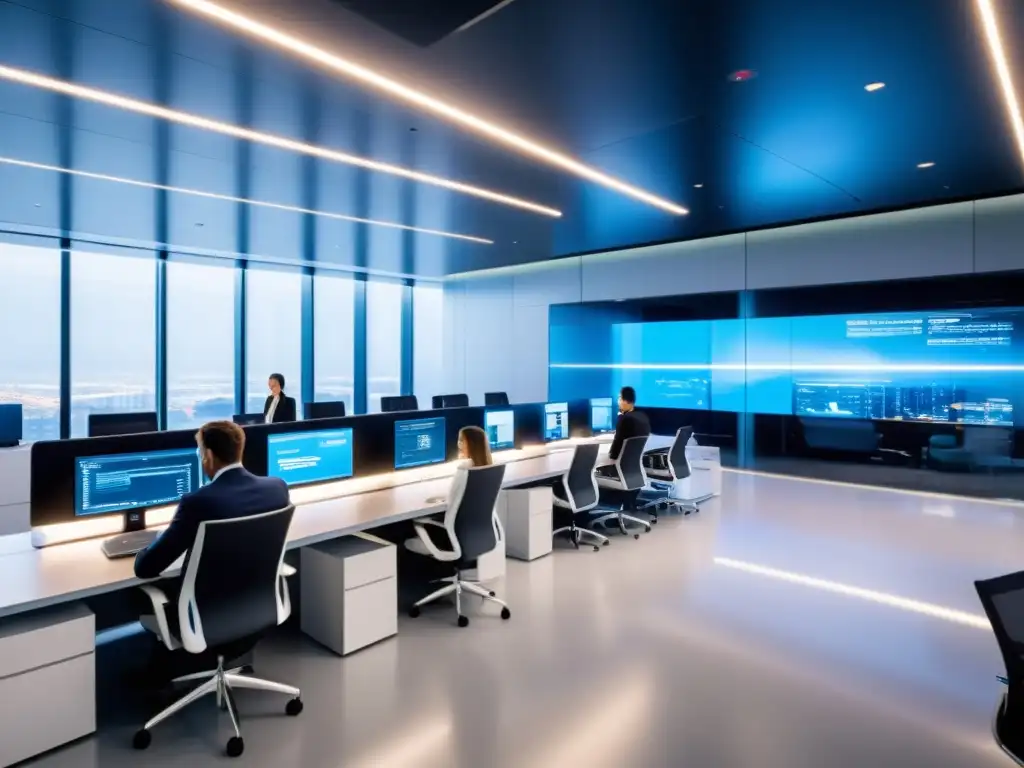 Oficina corporativa futurista: Seguridad y tecnología en armonía Vista de oficina corporativa futurista con interconexión entre seguridad informática y secretos empresariales, ambiente profesional y tecnológico