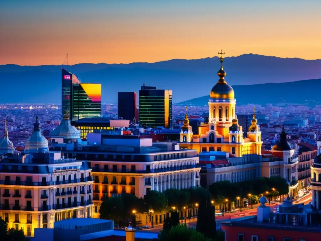 Espectacular skyline de Madrid al atardecer Vista panorámica de Madrid al atardecer, con edificios iluminados y un cielo colorido